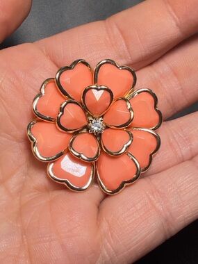 Coral Heart Flower Brooch Gold Tone Layered Petals Rhinestone Center